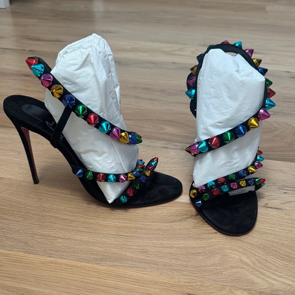 Louboutin Spikita Strap 100 Studded Suede Heels - Picture 3 of 4